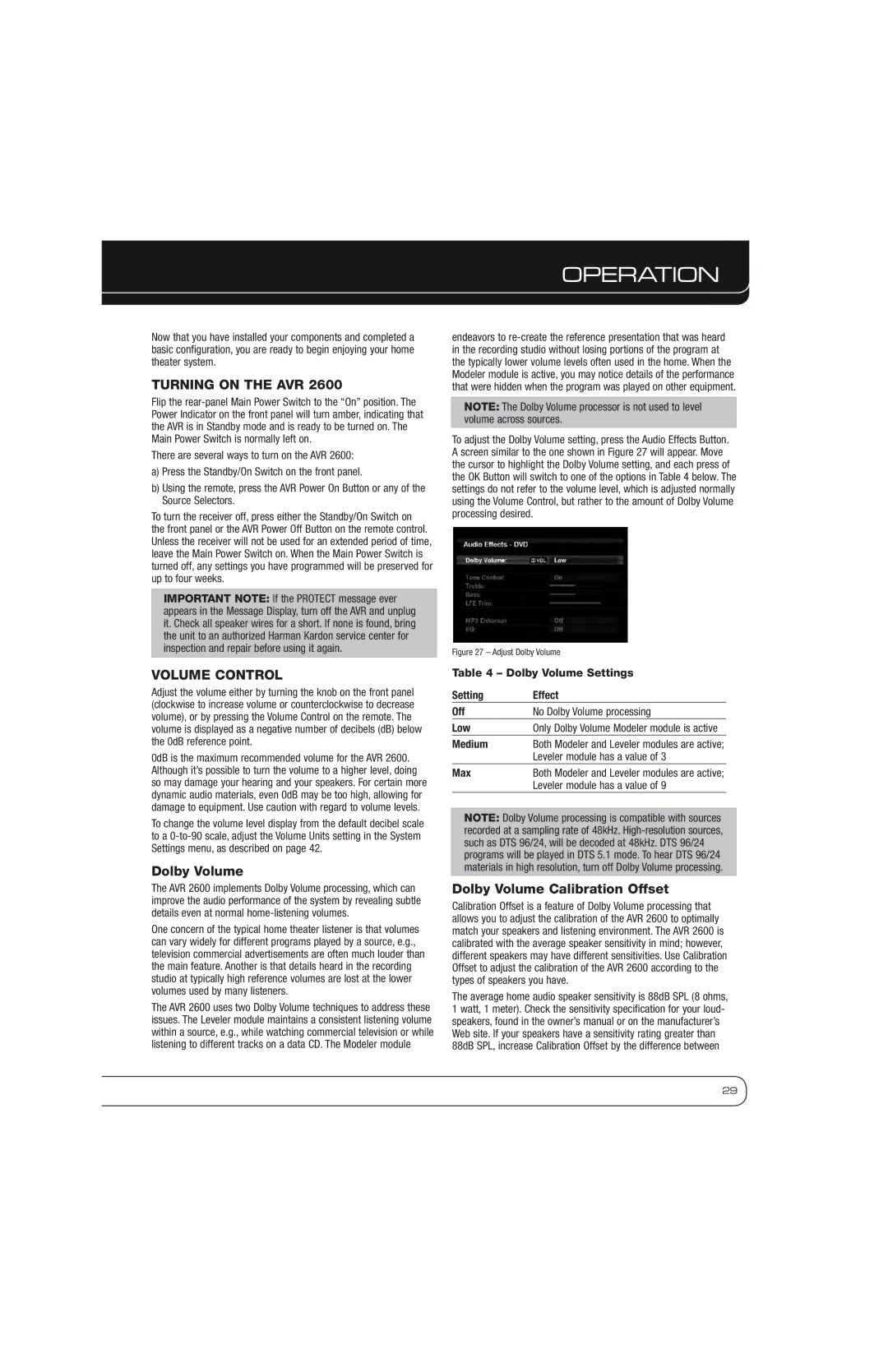 Harman AVR 2600 owner manual Operation, Turning on the AVR, Volume Control, Dolby Volume Calibration Offset 