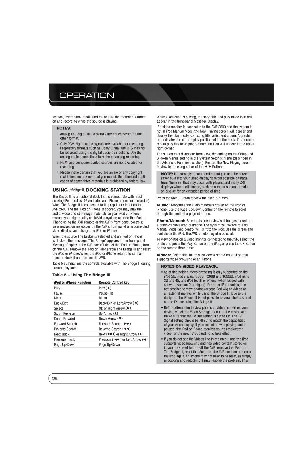 Harman AVR 2600 owner manual Using Docking Station, Using The Bridge, Remote Control Key, Previous Track 