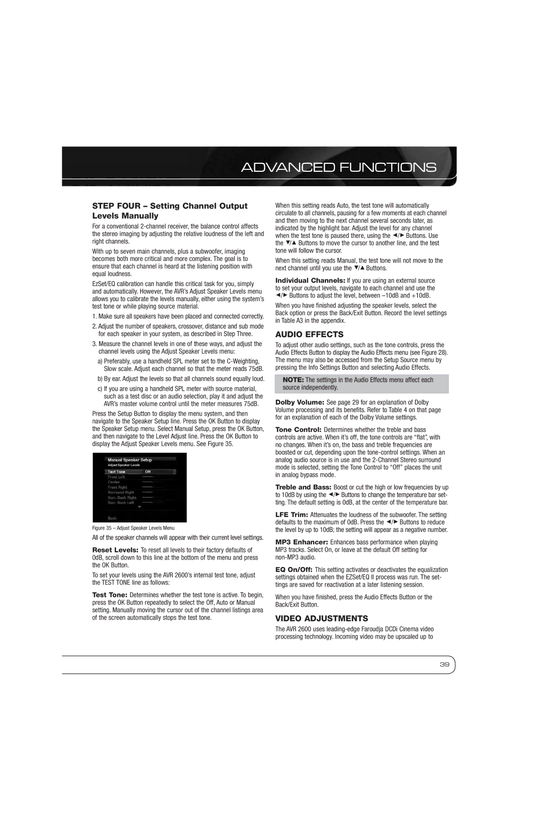 Harman AVR 2600 owner manual Step Four Setting Channel Output Levels Manually, Video Adjustments 