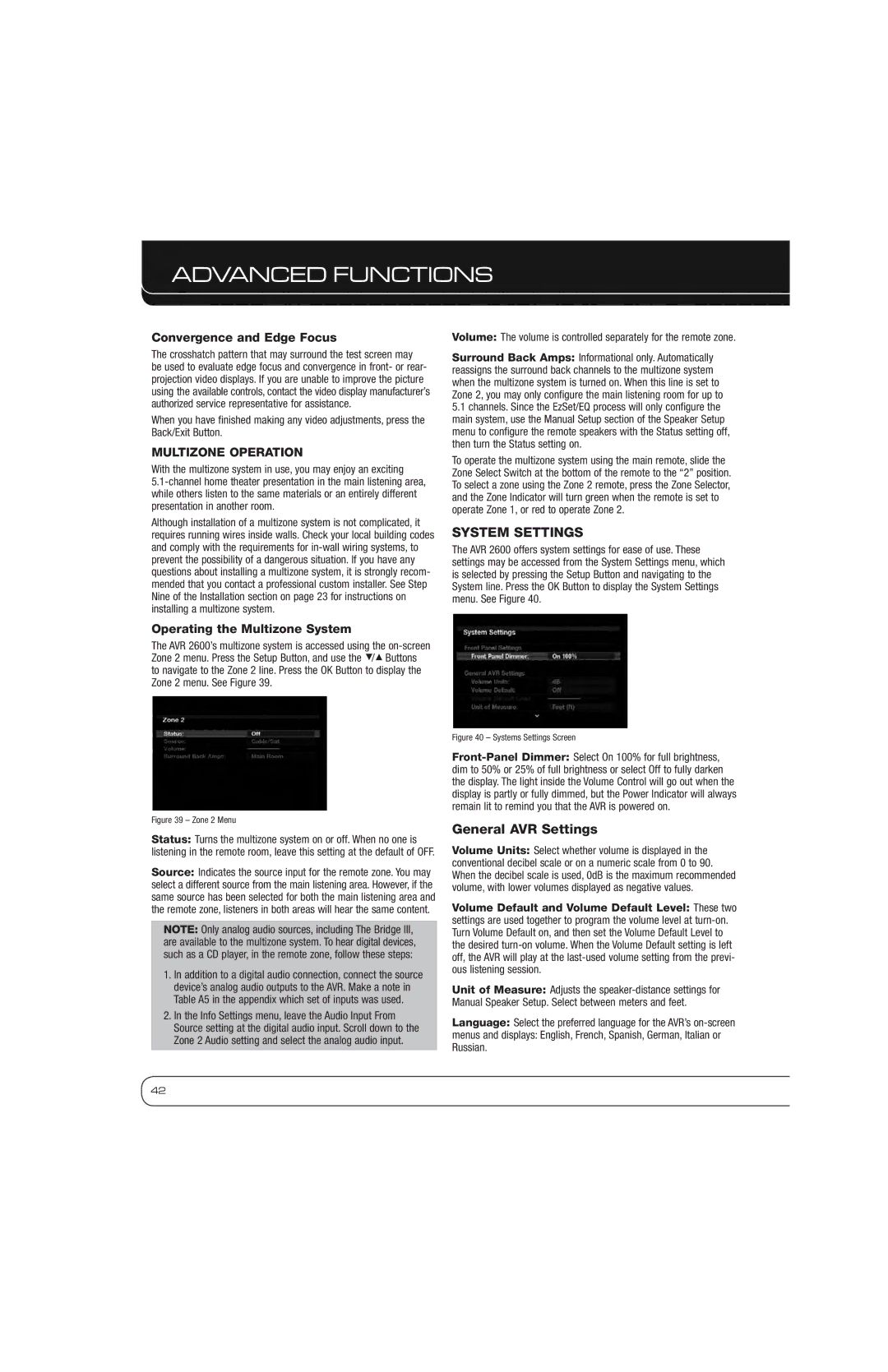 Harman AVR 2600 owner manual System Settings, General AVR Settings 