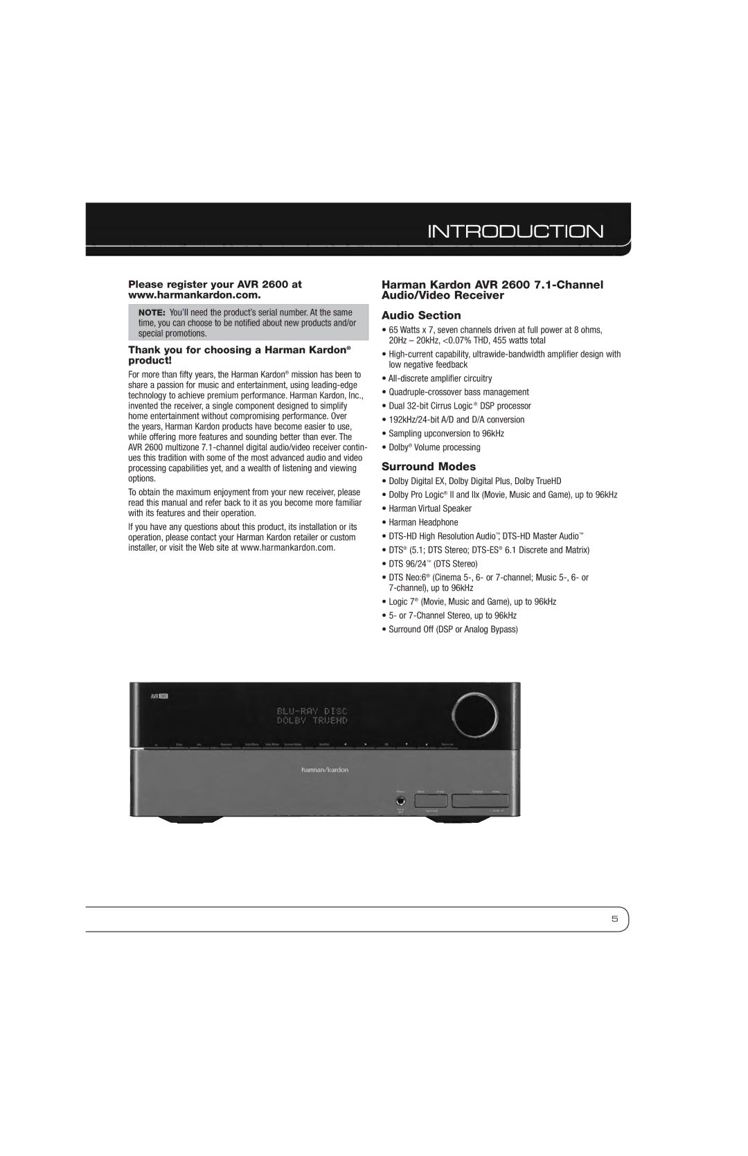 Harman AVR 2600 owner manual Introduction, Surround Modes 