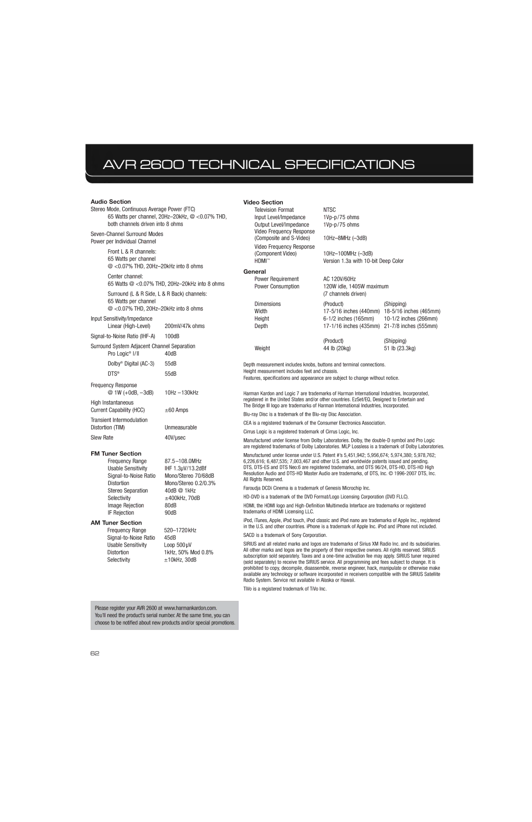 Harman owner manual AVR 2600 Technical Specifications, Audio Section 