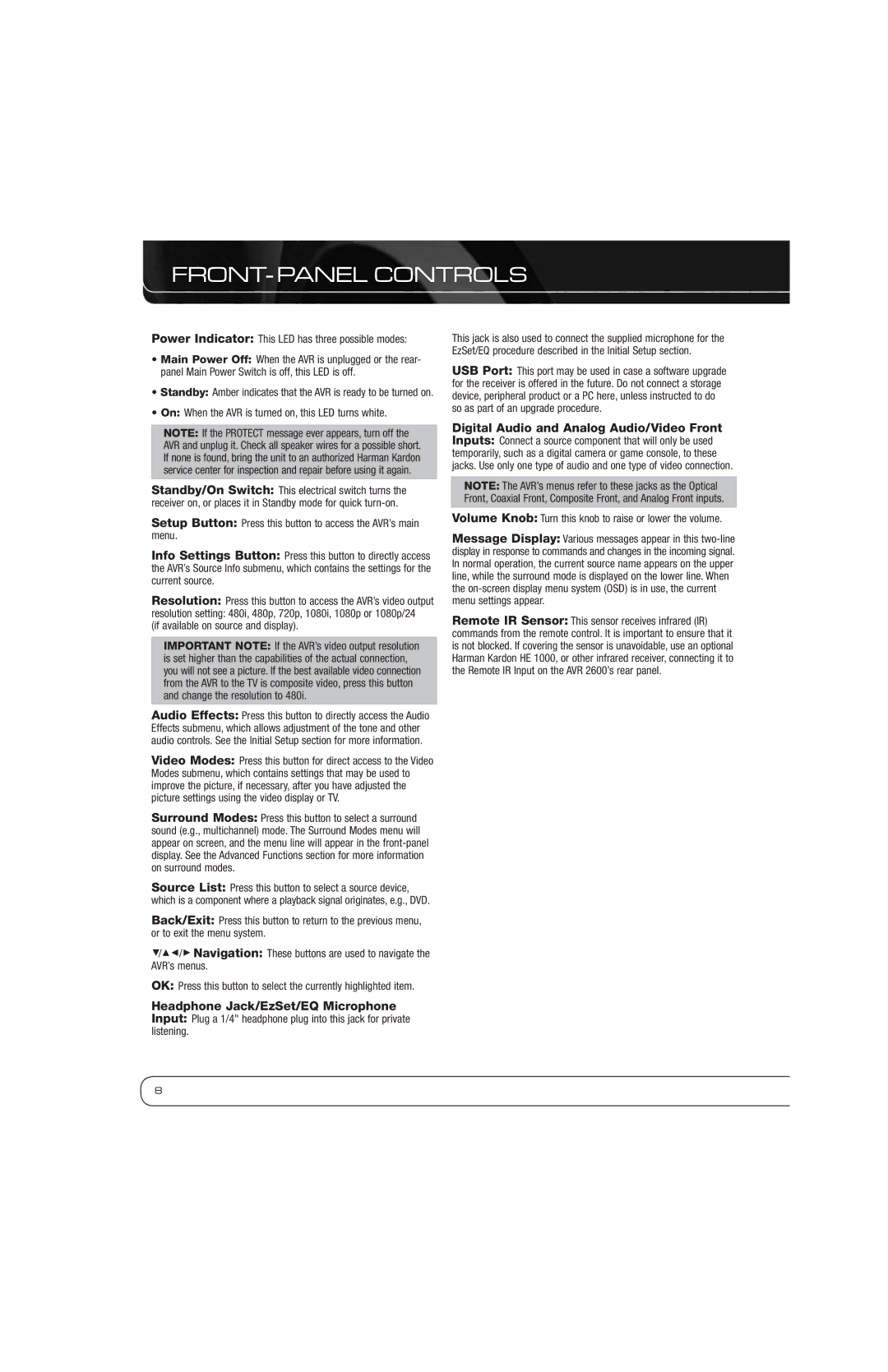 Harman AVR 2600 owner manual FRONT-PANEL Controls, On When the AVR is turned on, this LED turns white 