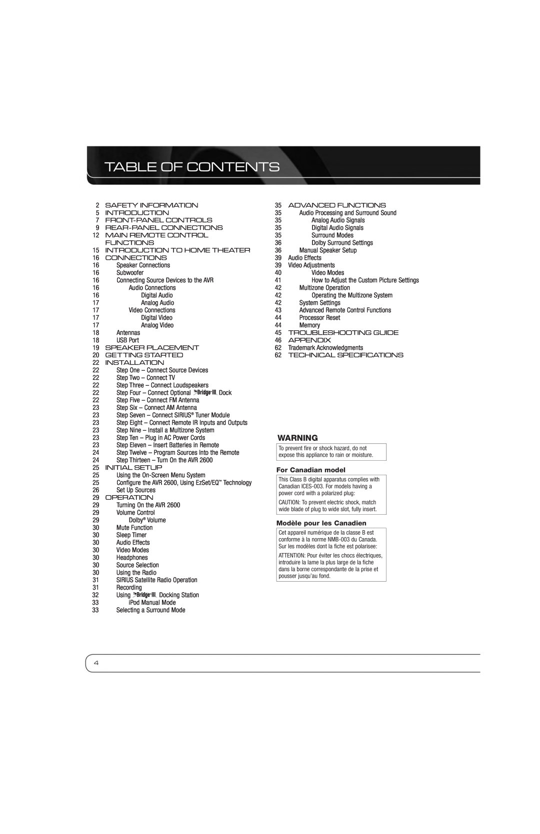 Harman AVR 2600 owner manual Table Of Contents, For Canadian model, Modèle pour les Canadien 