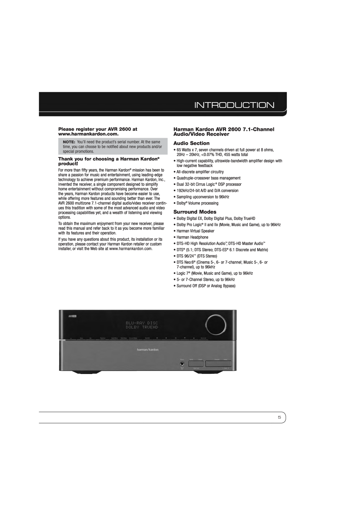 Harman owner manual Introduction, Audio Section, Surround Modes, Please register your AVR 2600 at 