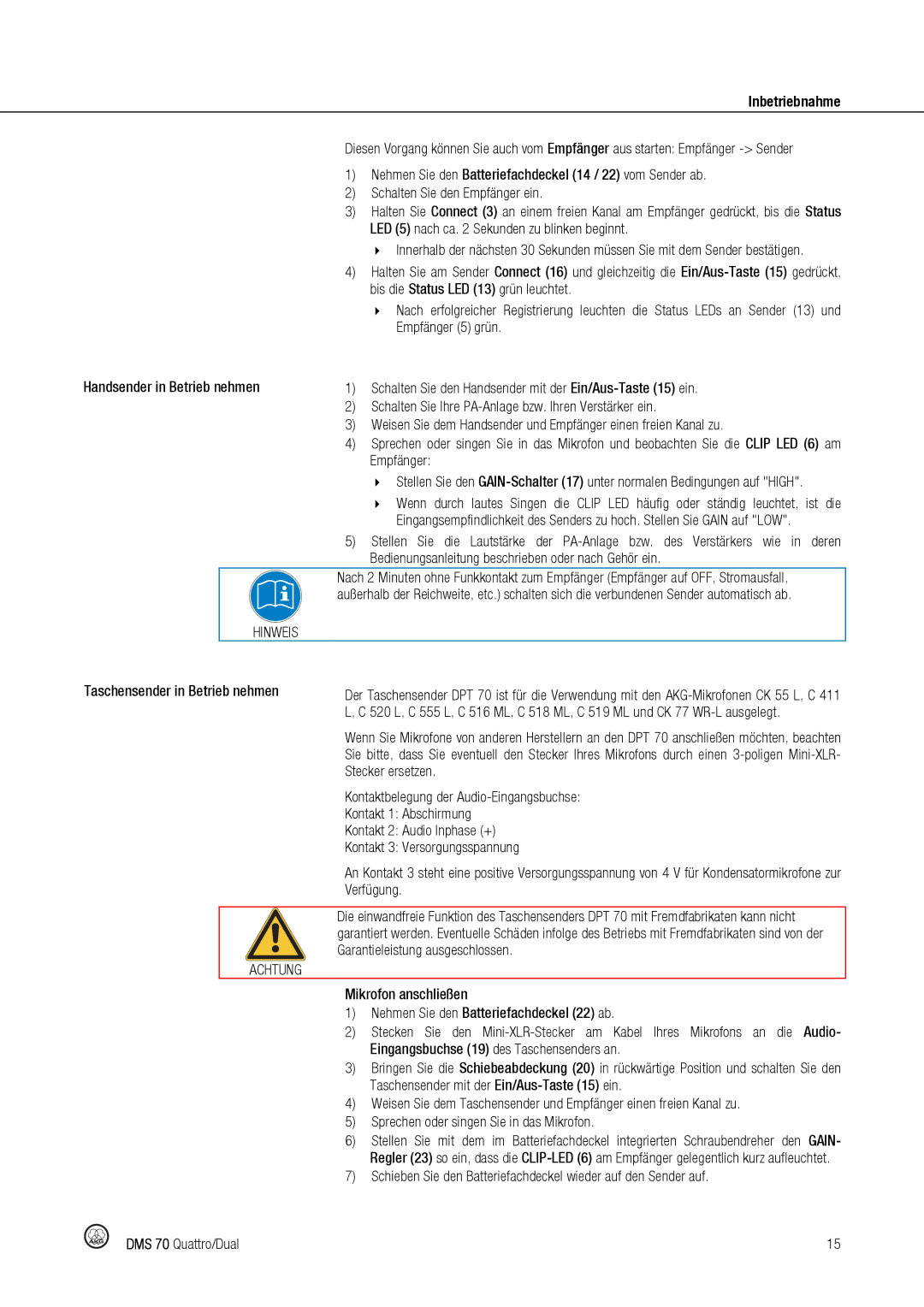 Harman DMS70 manual Handsender in Betrieb nehmen, Taschensender in Betrieb nehmen 