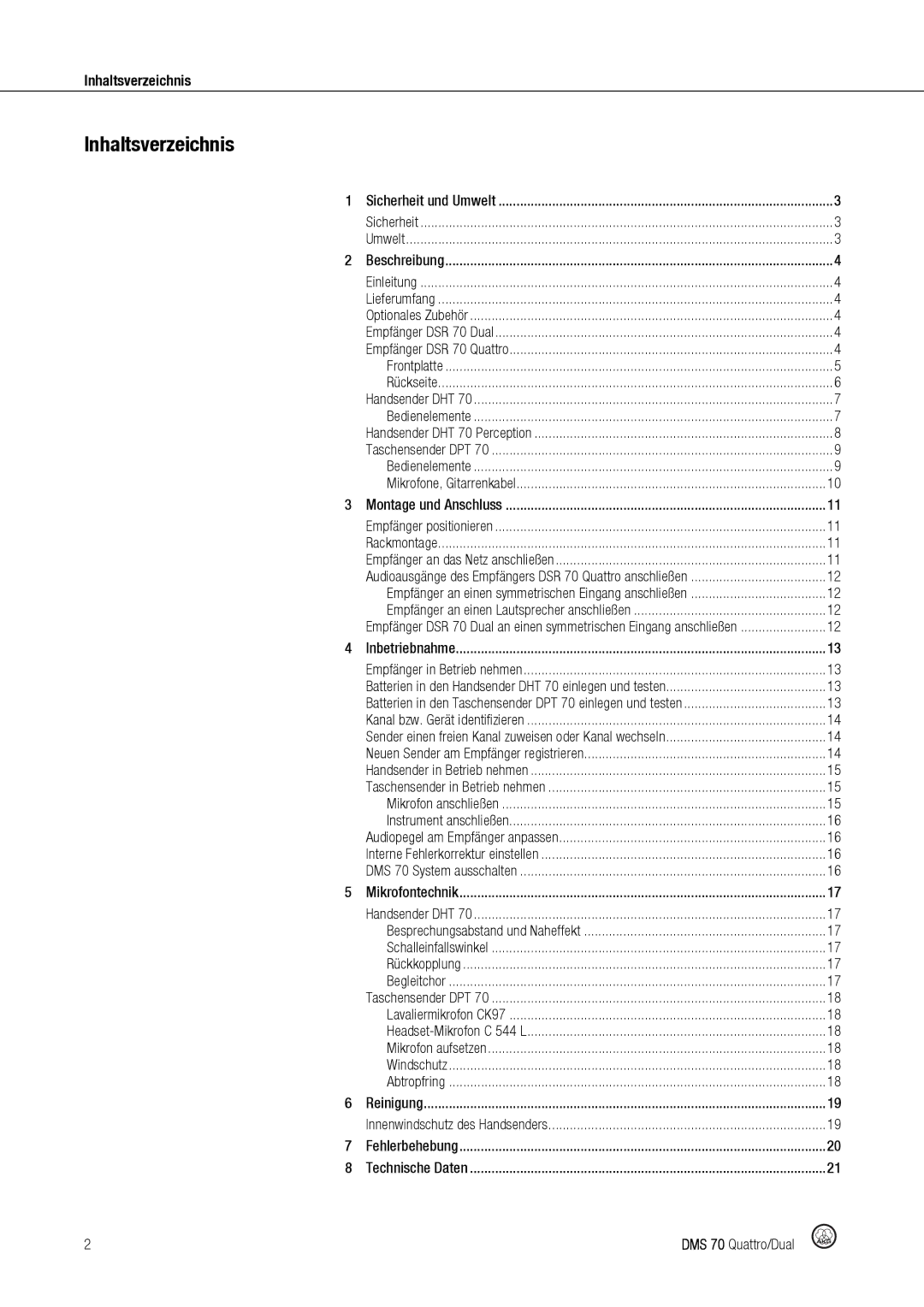 Harman DMS70 manual Inhaltsverzeichnis, Beschreibung 