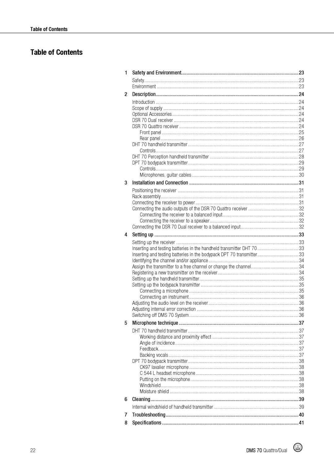 Harman DMS70 manual Table of Contents 