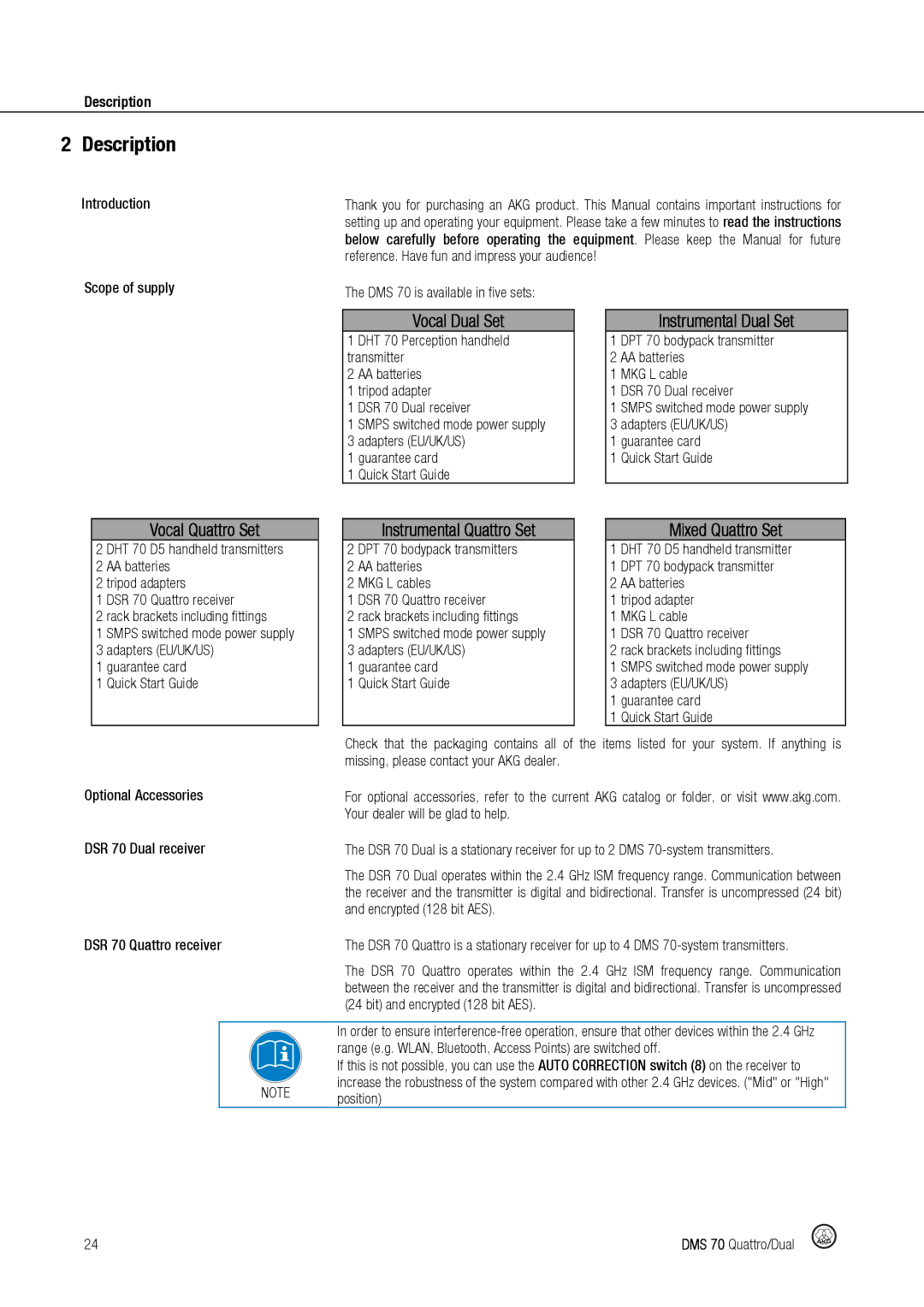 Harman DMS70 manual Description, Introduction Scope of supply, DMS 70 is available in five sets 