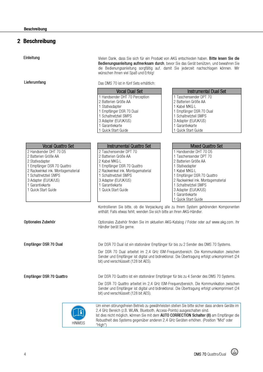 Harman DMS70 manual Beschreibung, Einleitung Lieferumfang, Optionales Zubehör, Empfänger DSR 70 Dual 