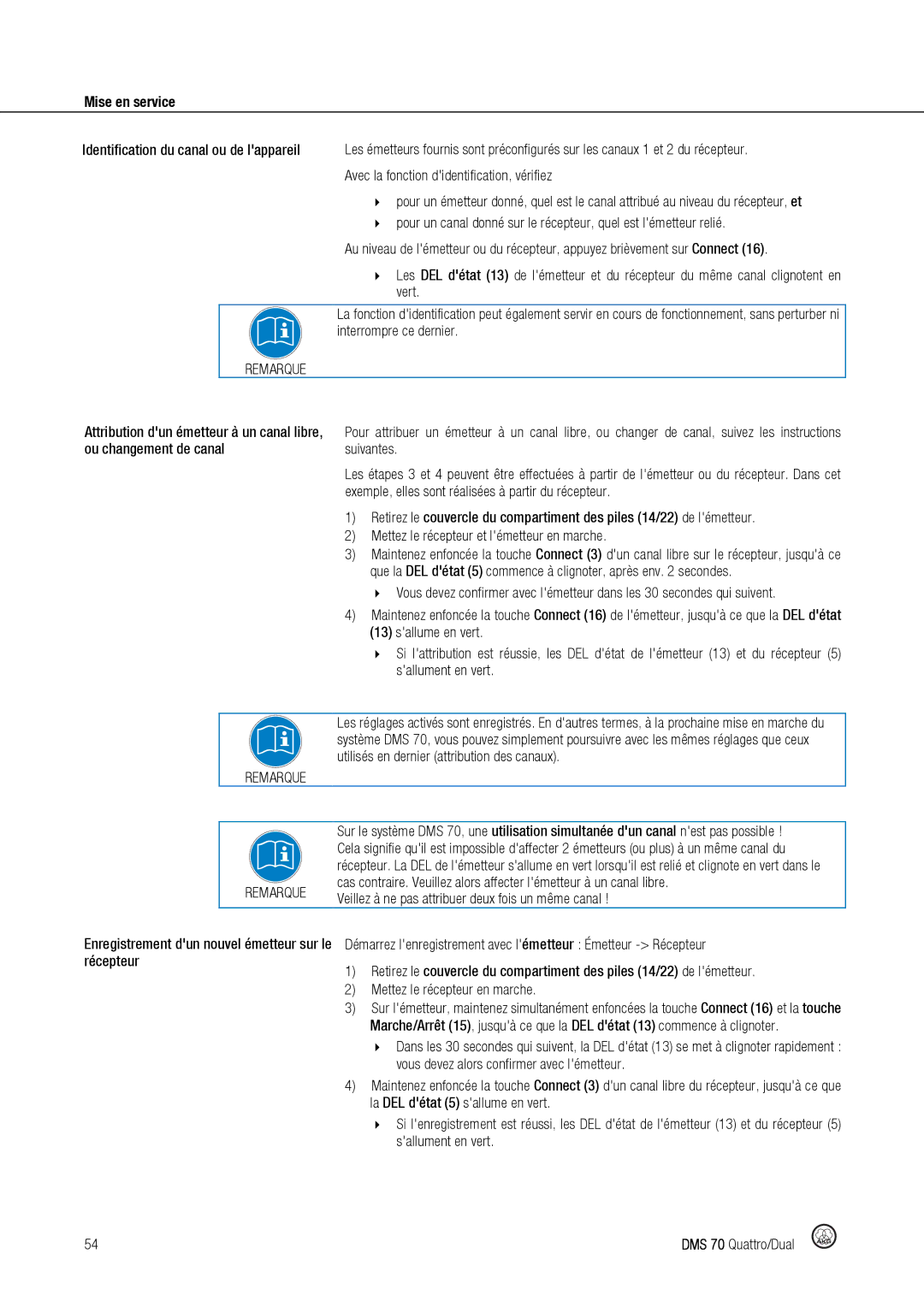 Harman DMS70 manual Identification du canal ou de lappareil, Enregistrement dun nouvel émetteur sur le récepteur 