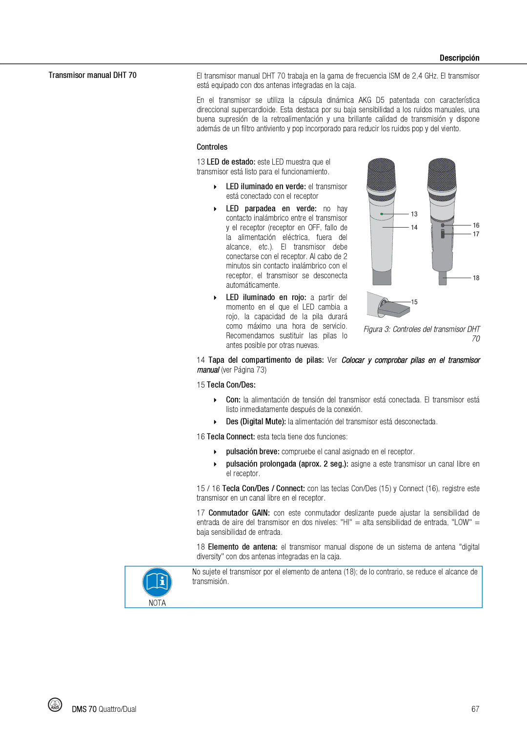 Harman DMS70 manual Figura 3 Controles del transmisor DHT 