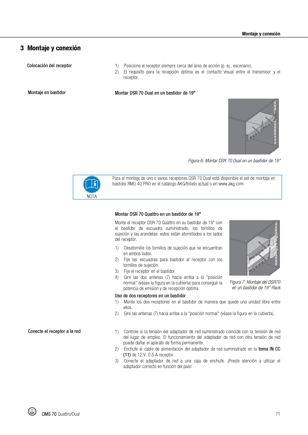 Harman DMS70 manual Montaje y conexión, Puede dañar el aparato de forma permanente, 11 de 12 V, 0,5 a receptor 