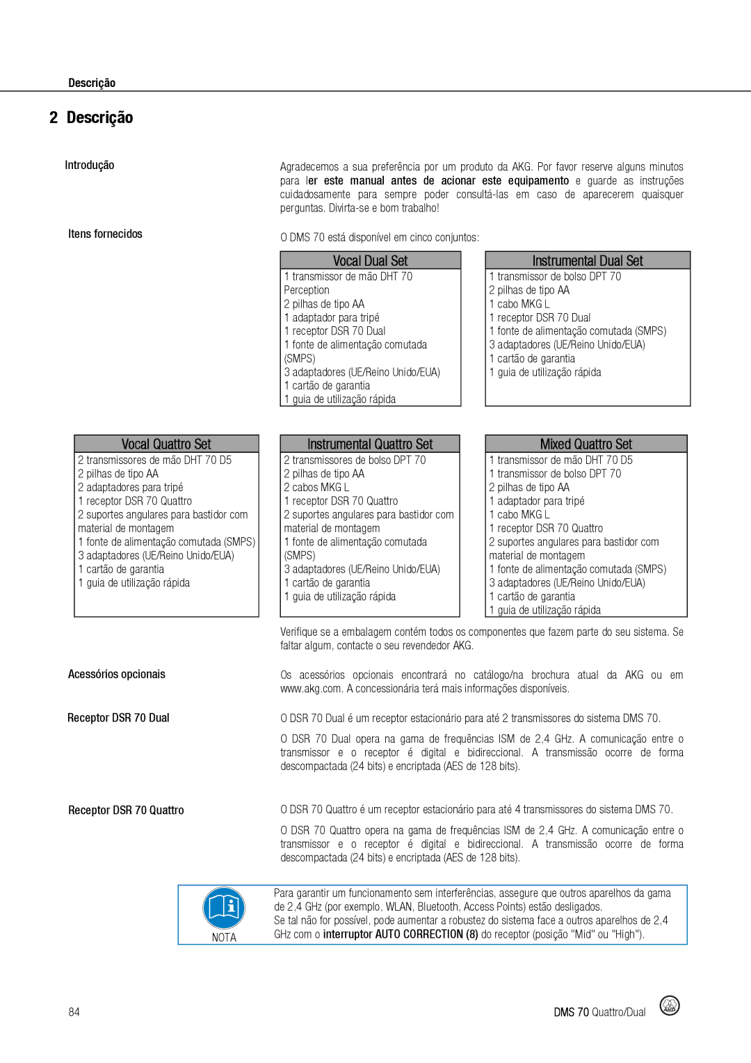 Harman DMS70 manual Descrição, Introdução Itens fornecidos 