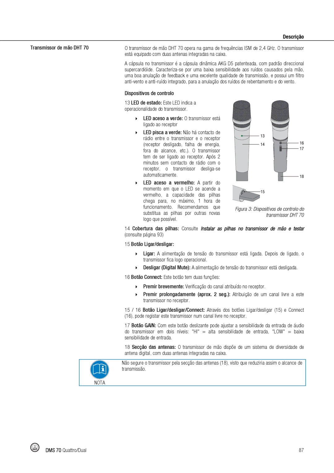 Harman DMS70 manual Transmissor de mão DHT, Dispositivos de controlo, 15 Botão Ligar/desligar 