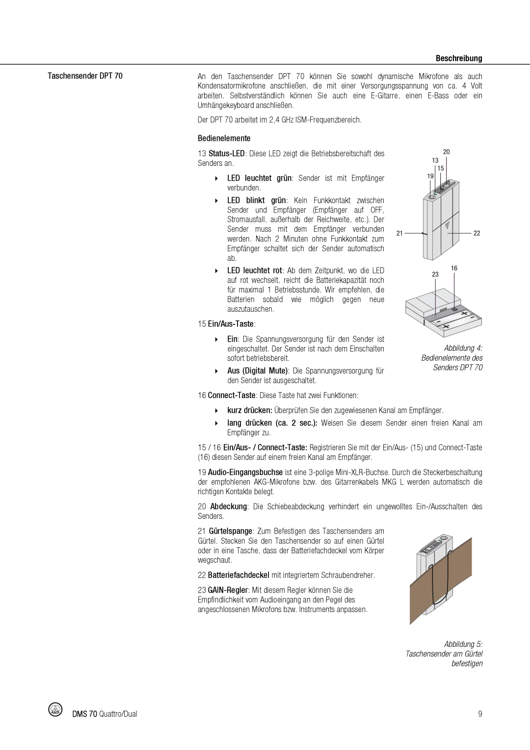 Harman DMS70 manual Taschensender DPT, LED leuchtet grün, LED blinkt grün 