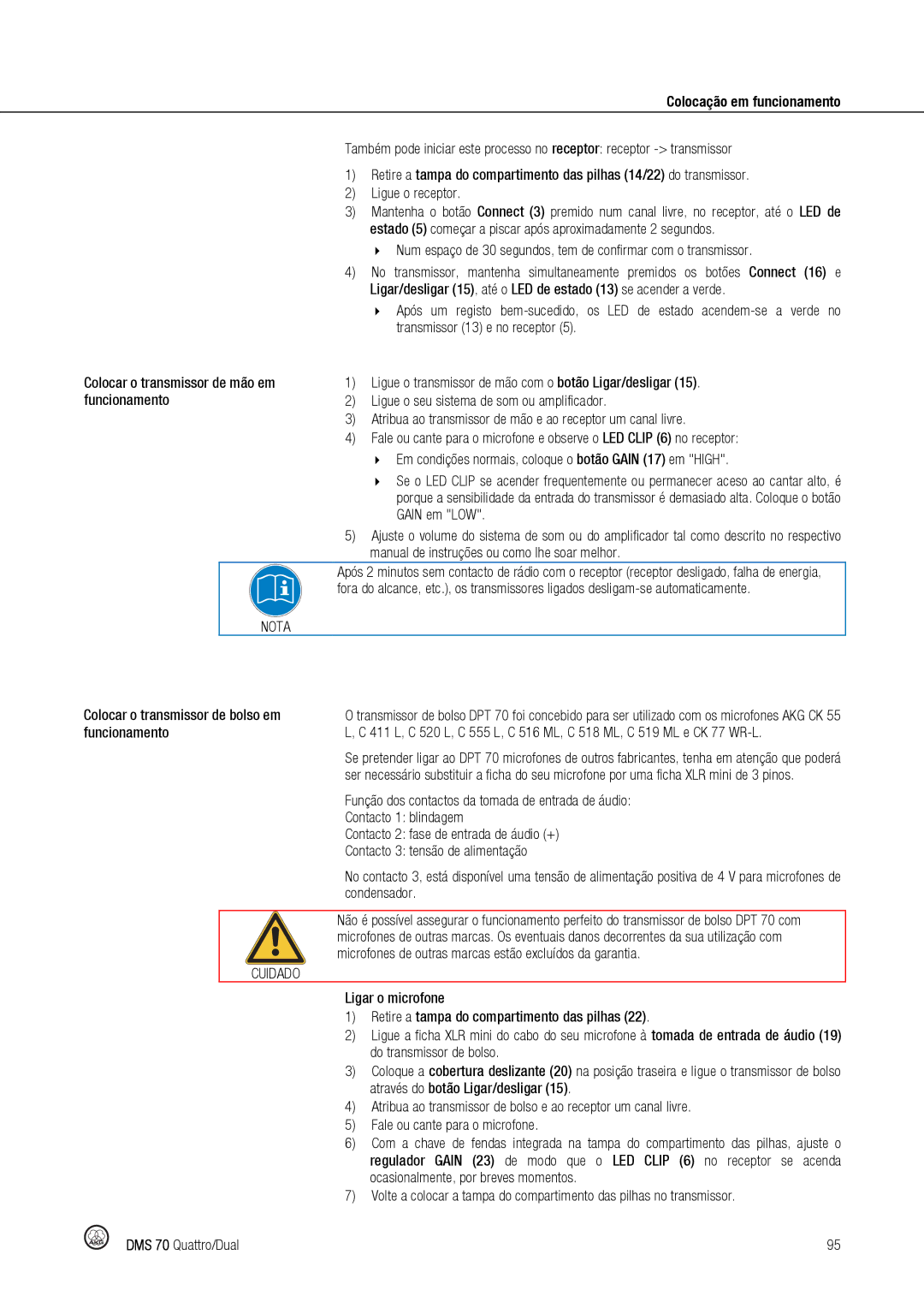 Harman DMS70 manual Funcionamento, Colocar o transmissor de bolso em 