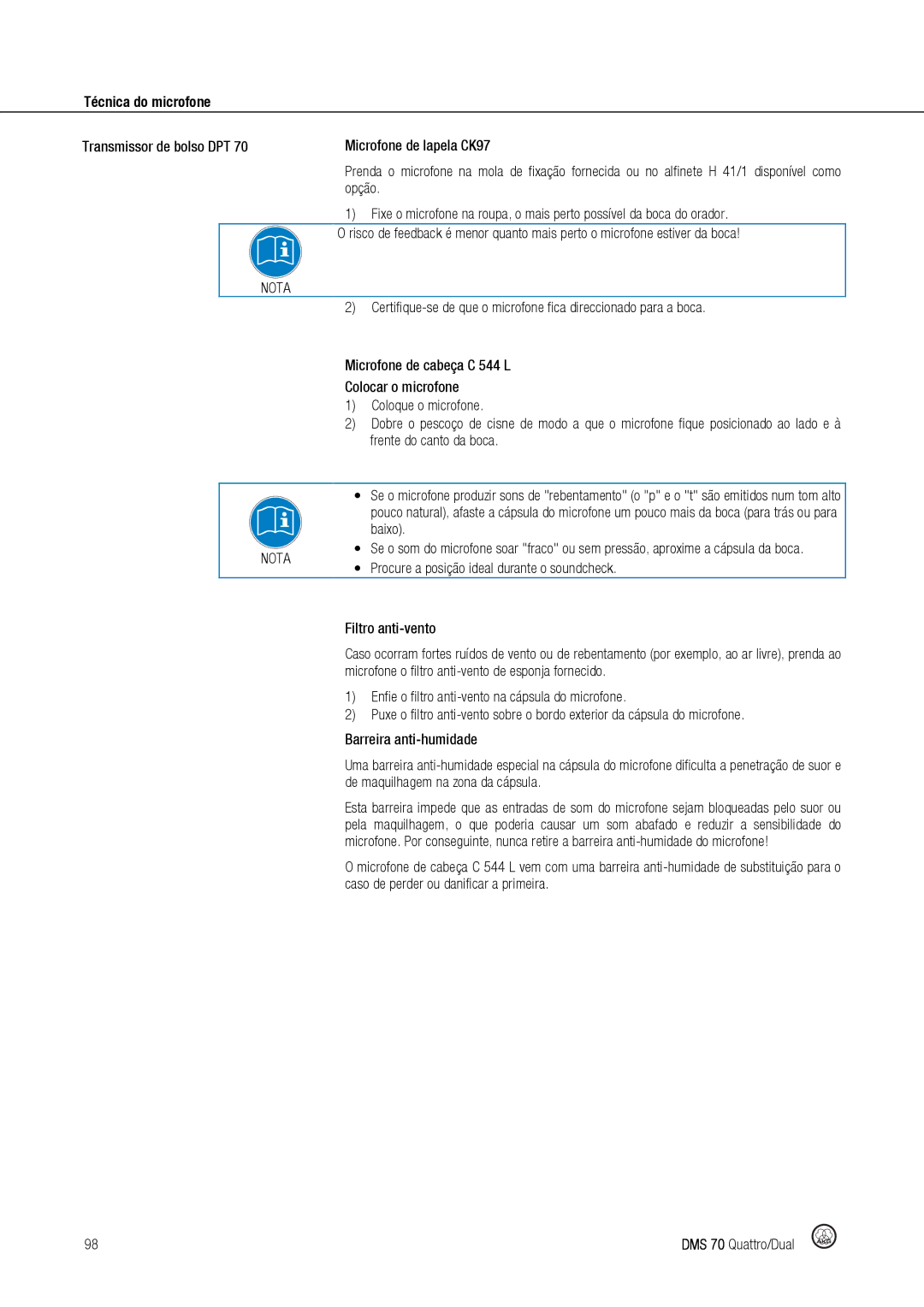 Harman DMS70 manual Transmissor de bolso DPT Microfone de lapela CK97, Microfone de cabeça C 544 L Colocar o microfone 