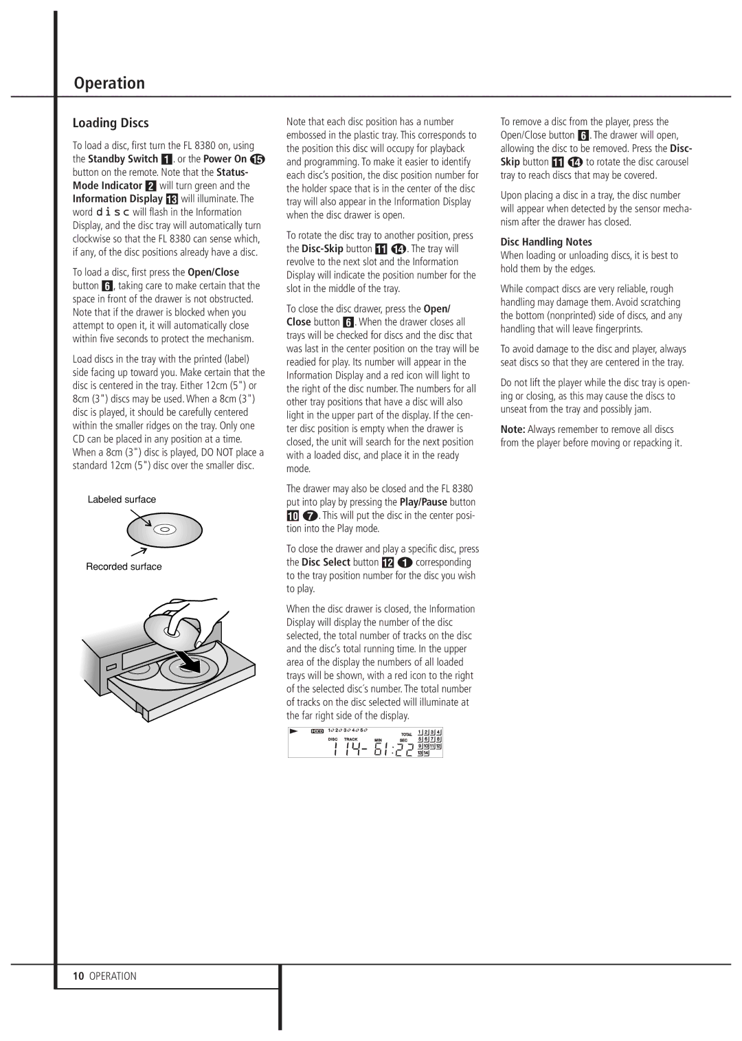 Harman FL 8380 owner manual Operation, Loading Discs, Disc Handling Notes 