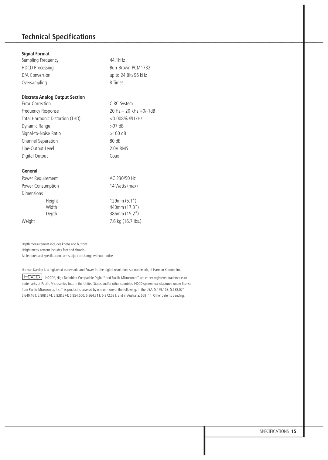 Harman FL 8380 owner manual Technical Specifications, Signal Format, Discrete Analog Output Section, General 