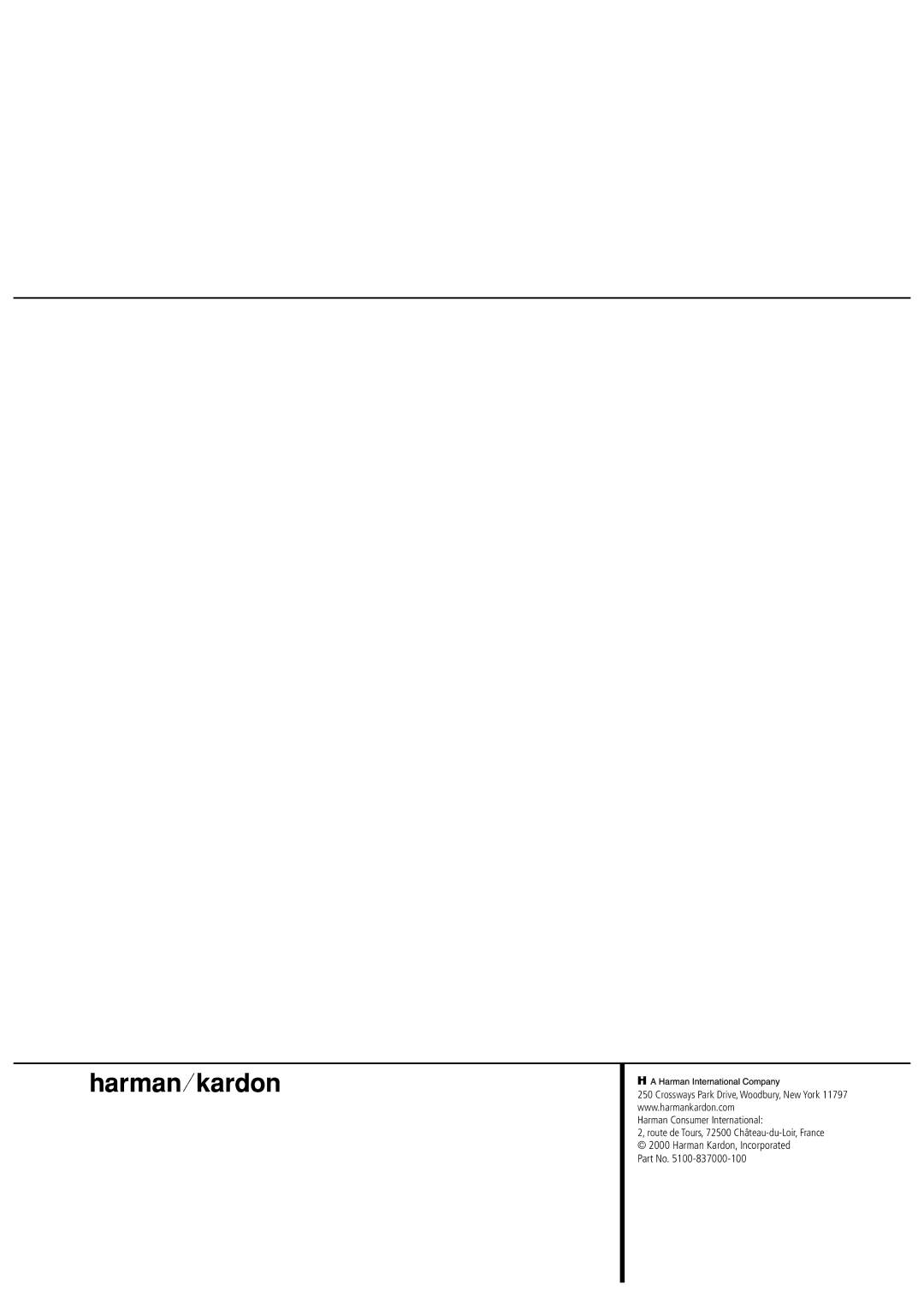 Harman FL 8380 owner manual Harman Kardon, Incorporated Part No 