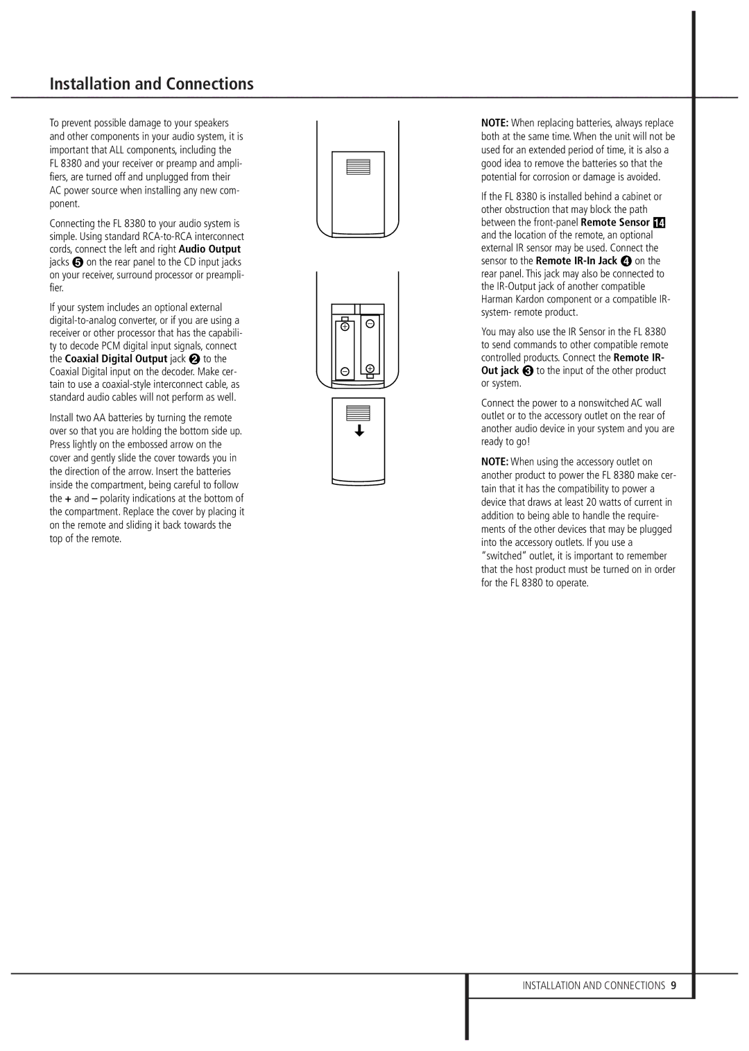 Harman FL 8380 owner manual Installation and Connections 