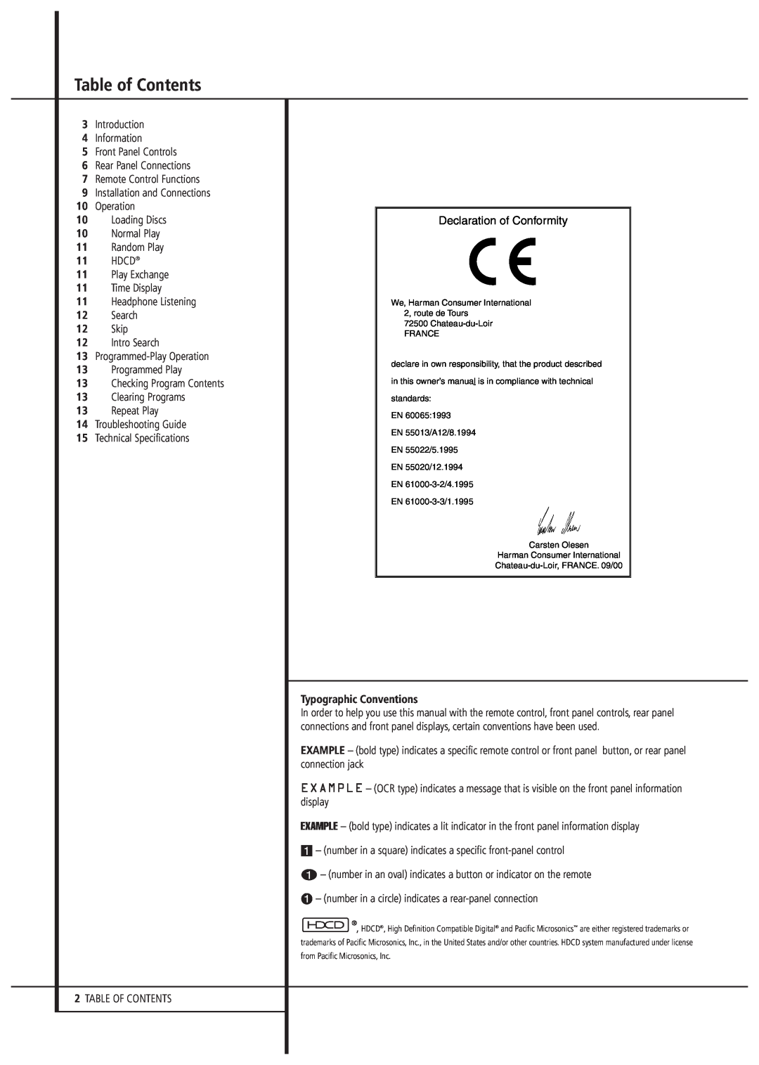 Harman FL 8380 owner manual Table of Contents, Typographic Conventions 