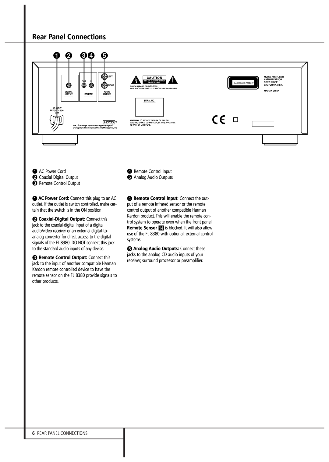 Harman FL 8380 owner manual Rear Panel Connections, ¡ £¢ ∞, AC Power Cord, Coaxial Digital Output, Remote Control Output 