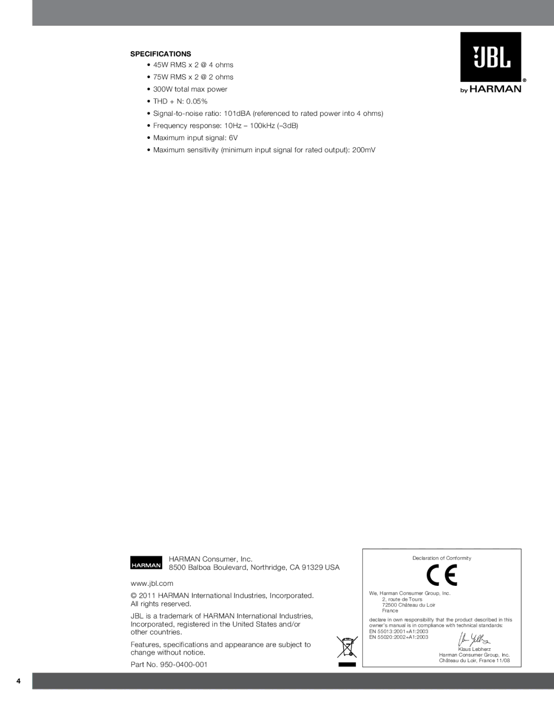 Harman GT-X424 owner manual Specifications 