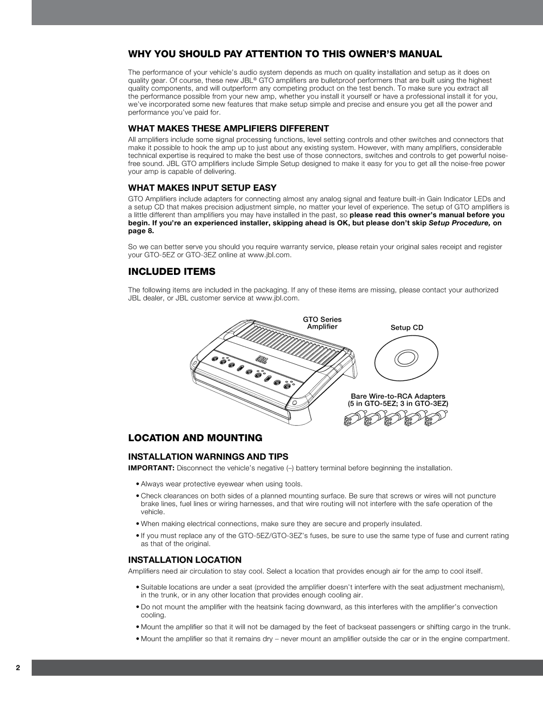 Harman GTO-3EZ, GTO-5EZ owner manual Included Items, Location and Mounting 