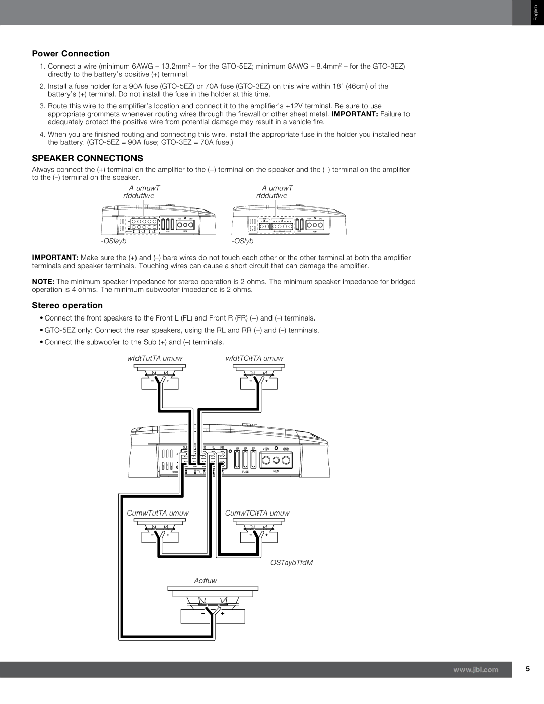 Harman owner manual Power Connection, Speaker Connections, Stereo operation, GTO-5EZ GTO-3EZ 