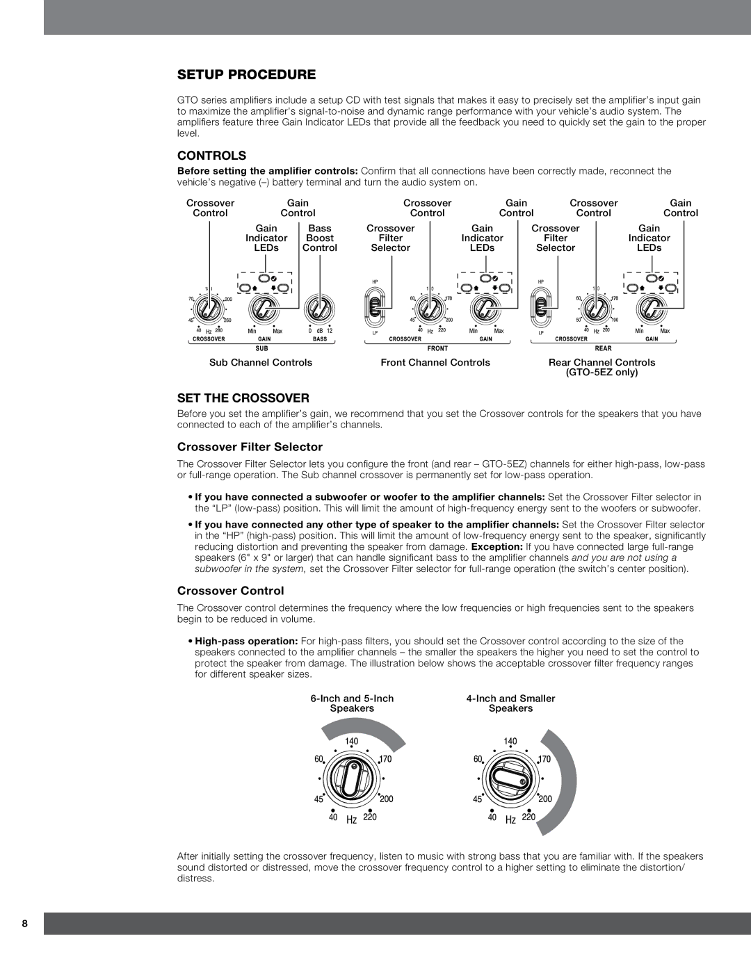 Harman GTO-3EZ, GTO-5EZ Setup Procedure, Controls, Set the Crossover, Crossover Filter Selector, Crossover Control 