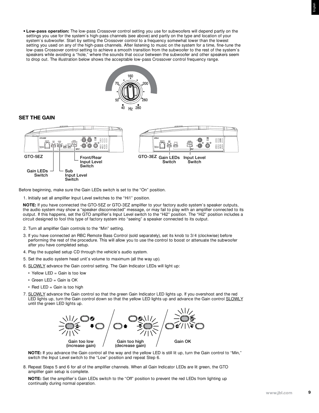 Harman GTO-5EZ, GTO-3EZ owner manual Set the Gain 