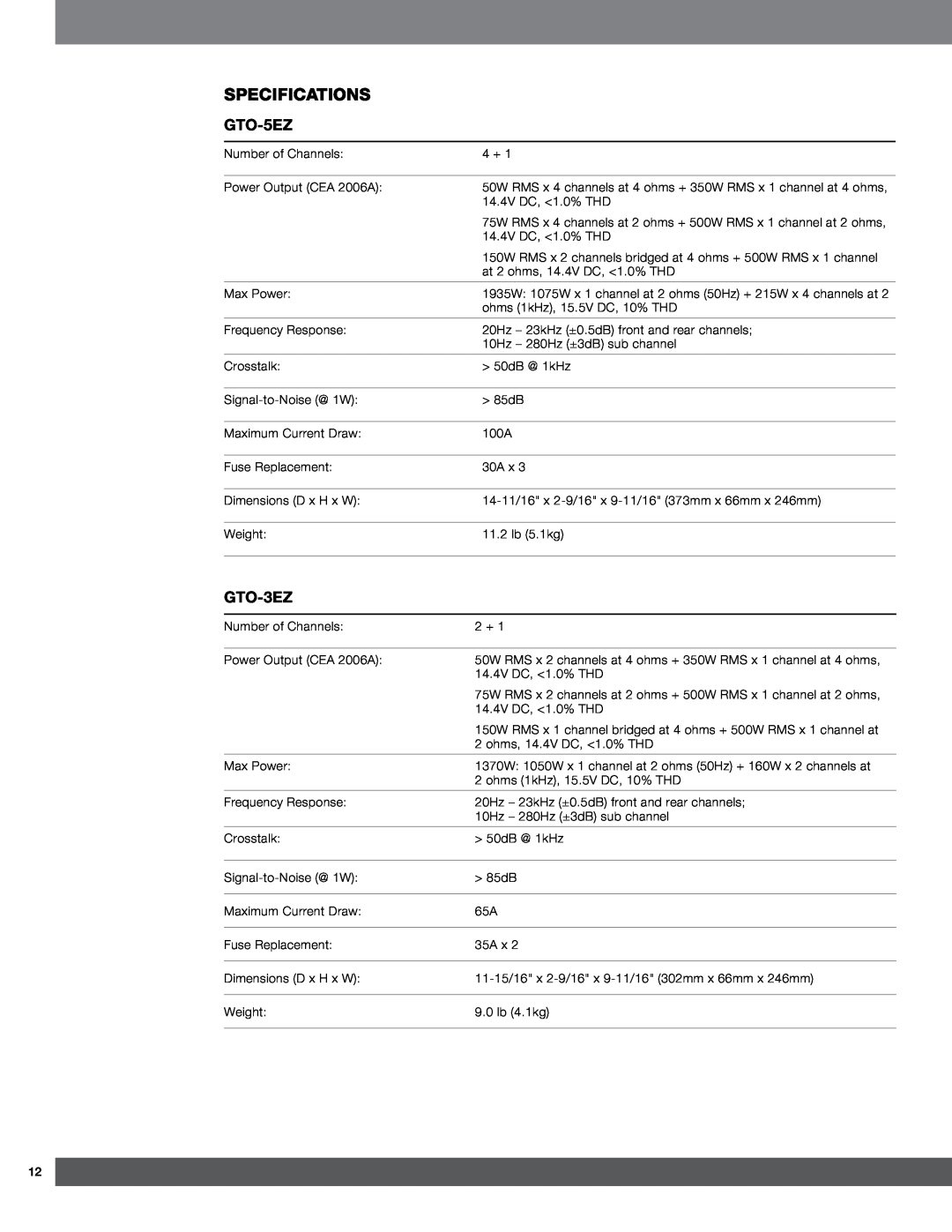 Harman GTO-3EZ, GTO-5EZ owner manual Specifications 