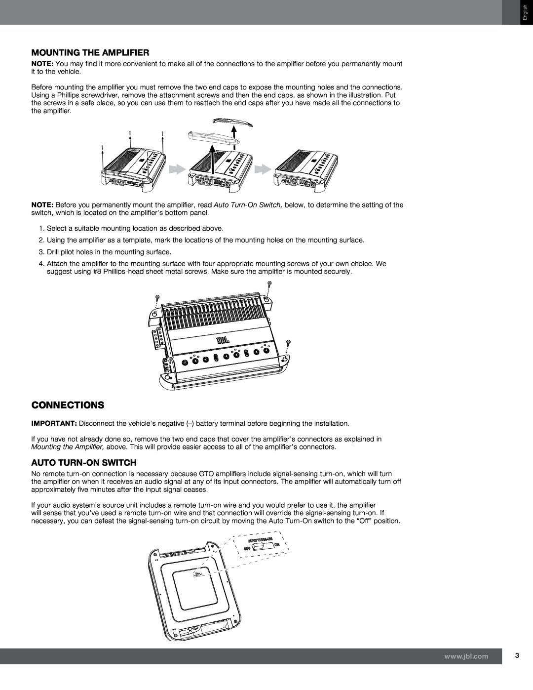 Harman GTO-5EZ, GTO-3EZ owner manual Connections, Mounting the Amplifier, Auto Turn-OnSwitch 