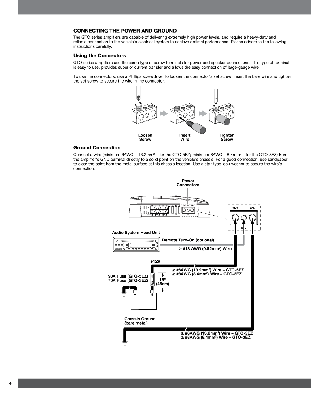 Harman GTO-3EZ, GTO-5EZ owner manual Connecting the Power and Ground, Using the Connectors, Ground Connection 