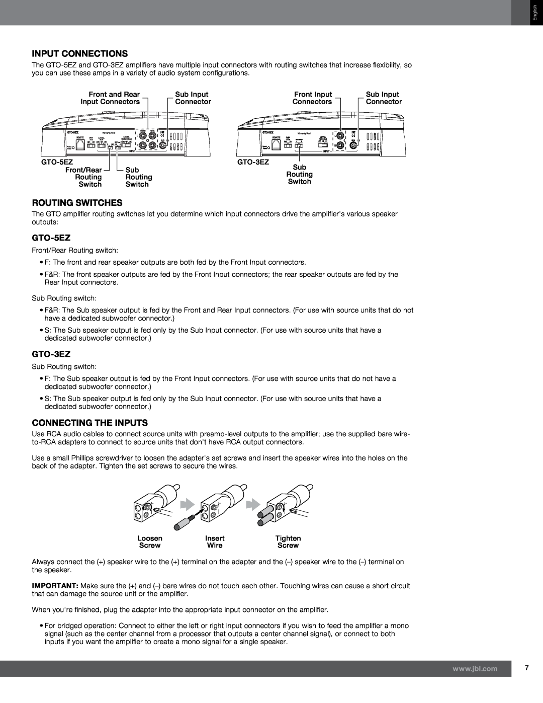 Harman GTO-5EZ owner manual Input Connections, Routing Switches, GTO-3EZ, Connecting the Inputs 