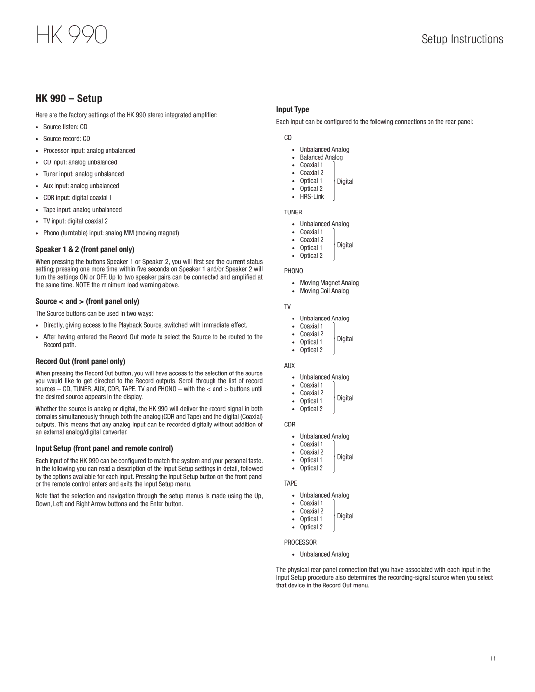 Harman owner manual Setup Instructions, HK 990 Setup 