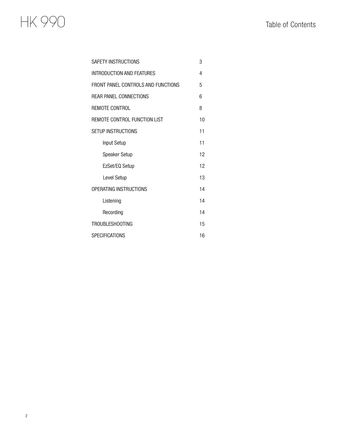 Harman HK 990 owner manual Table of Contents 