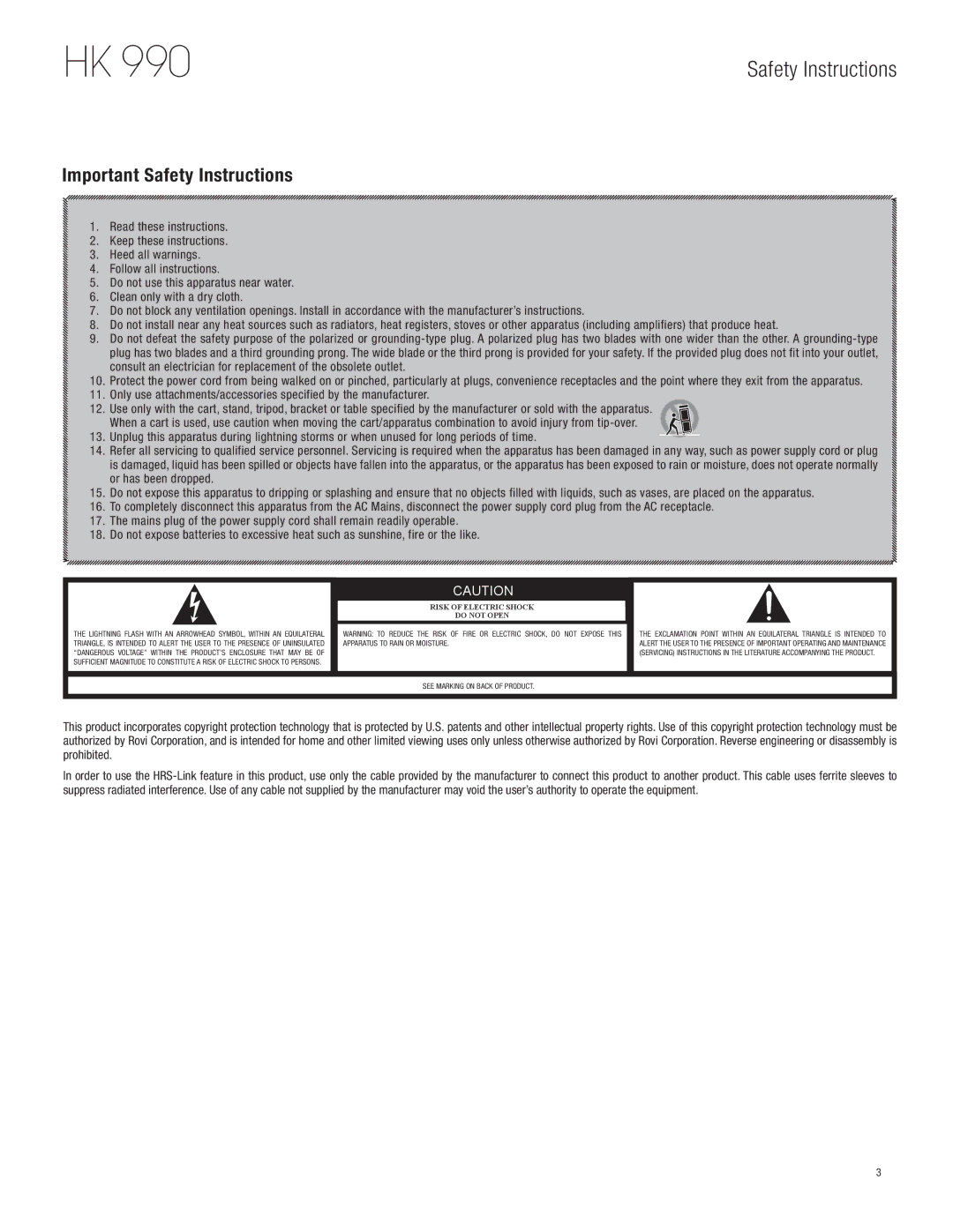 Harman HK 990 owner manual Important Safety Instructions 