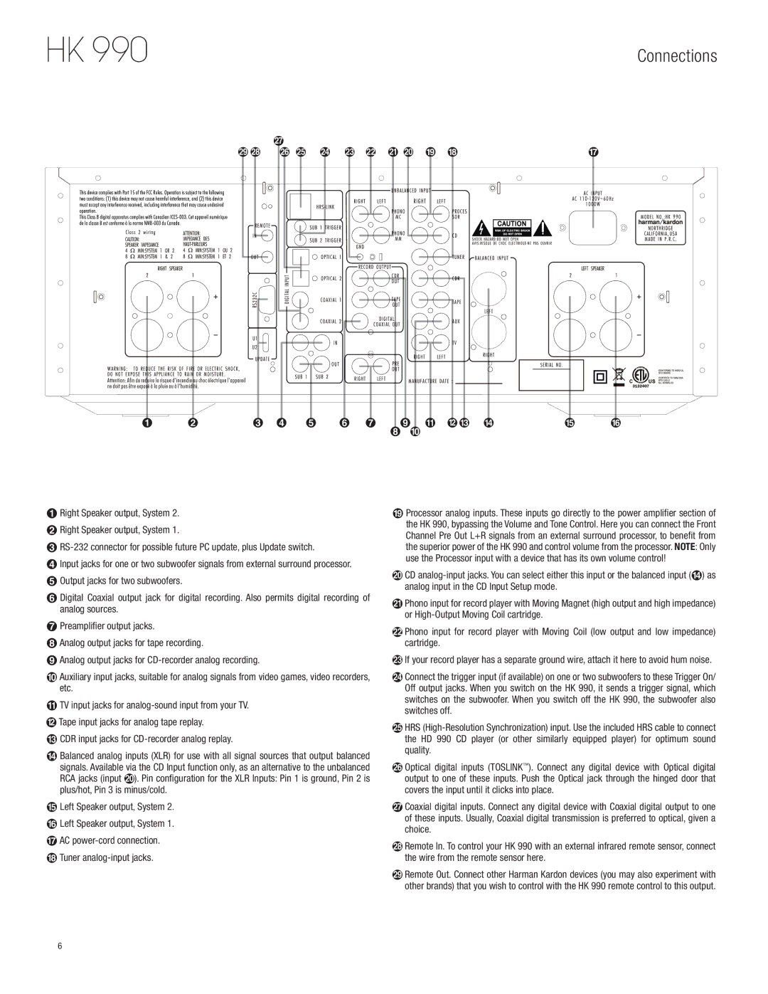 Harman HK 990 owner manual Connections, CDR input jacks for CD-recorder analog replay, HTuner analog-input jacks 