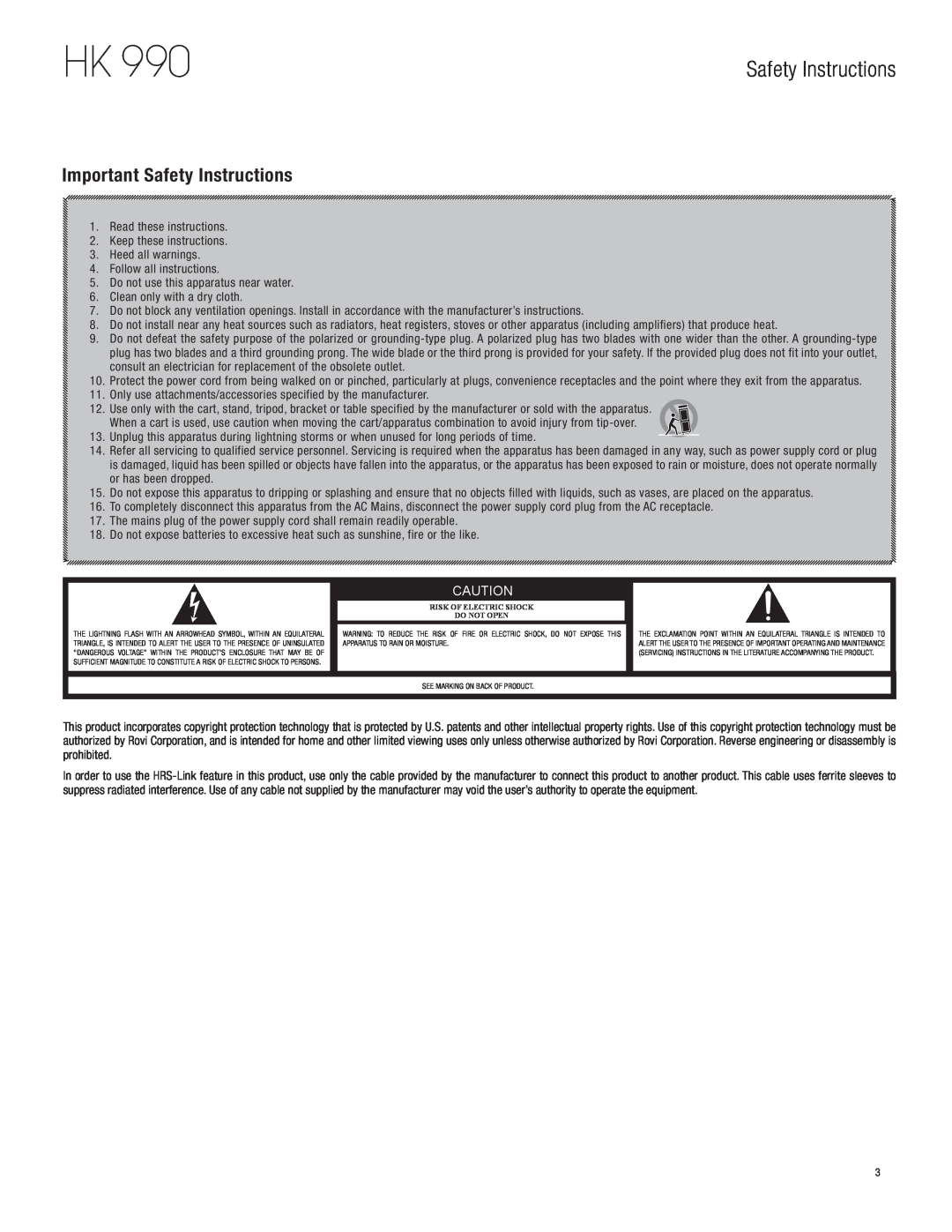 Harman HK 990 owner manual Important Safety Instructions 