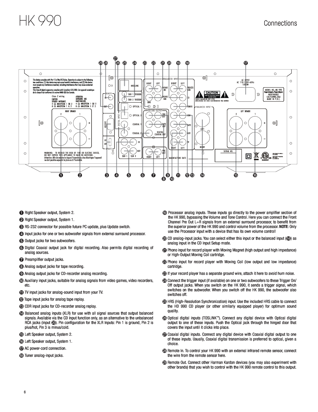 Harman HK 990 owner manual Connections 
