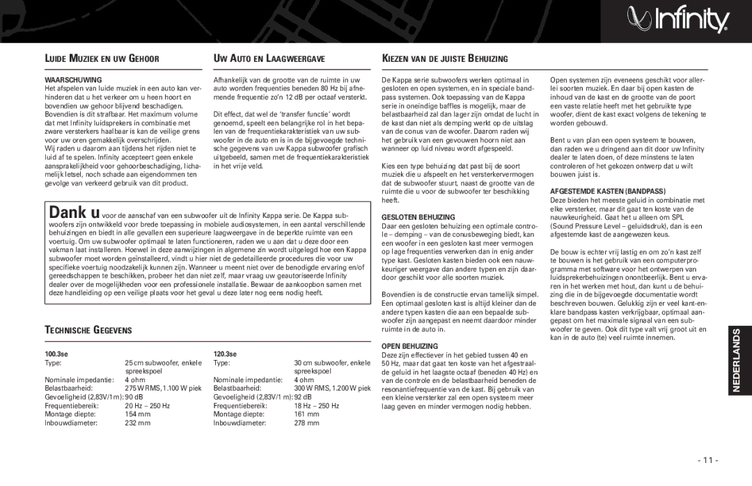 Harman-Kardon 120.3SE Technische Gegevens, Waarschuwing, Afgestemde Kasten Bandpass, Gesloten Behuizing, Open Behuizing 