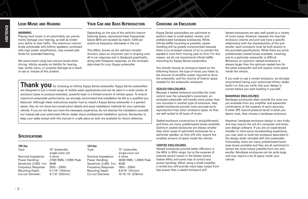 Harman-Kardon 100.3SE, 120.3SE manual Specifications, Sealed Enclosures, Vented Enclosures, Bandpass Enclosures 