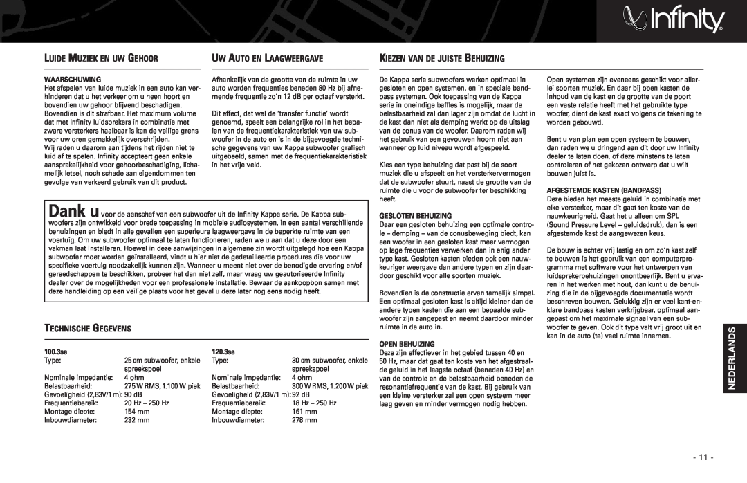 Harman-Kardon 120.3SE manual Nederlands, Luide Muziek En Uw Gehoor, Uw Auto En Laagweergave, Kiezen Van De Juiste Behuizing 