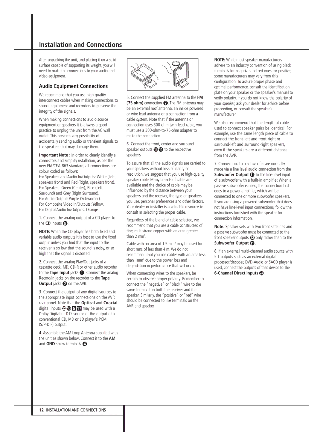 Harman-Kardon 13828 owner manual Installation and Connections, Audio Equipment Connections, Output jacks, Subwoofer Output 