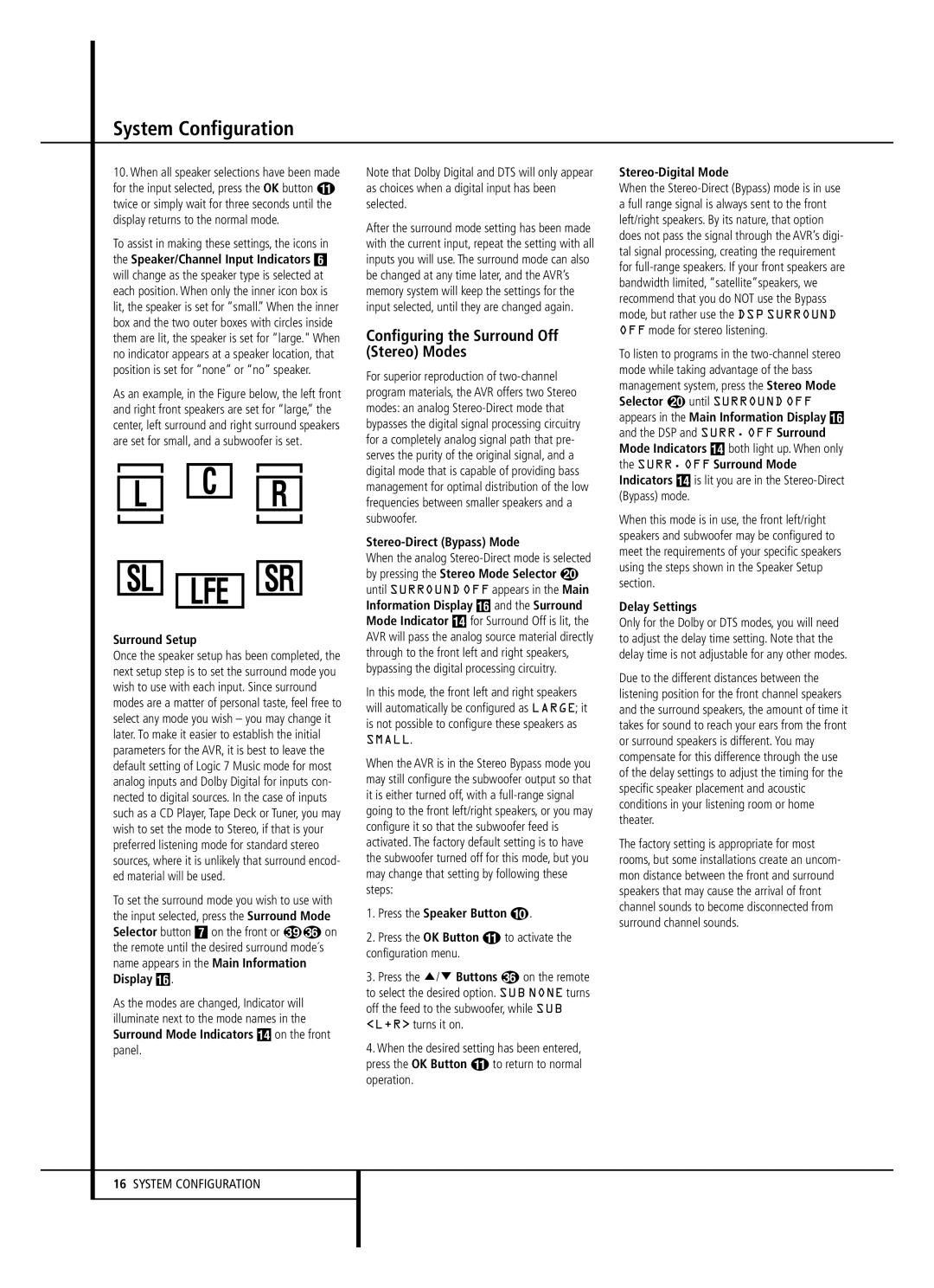 Harman-Kardon 13828 owner manual Configuring the Surround Off Stereo Modes 