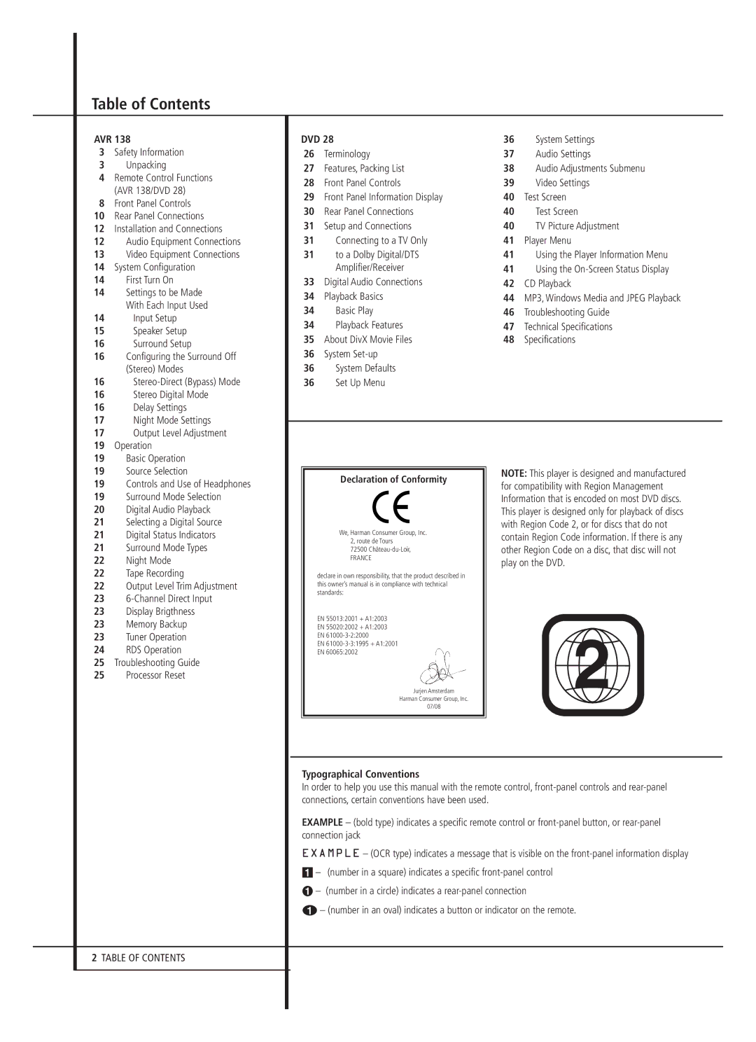 Harman-Kardon 13828 owner manual Table of Contents 