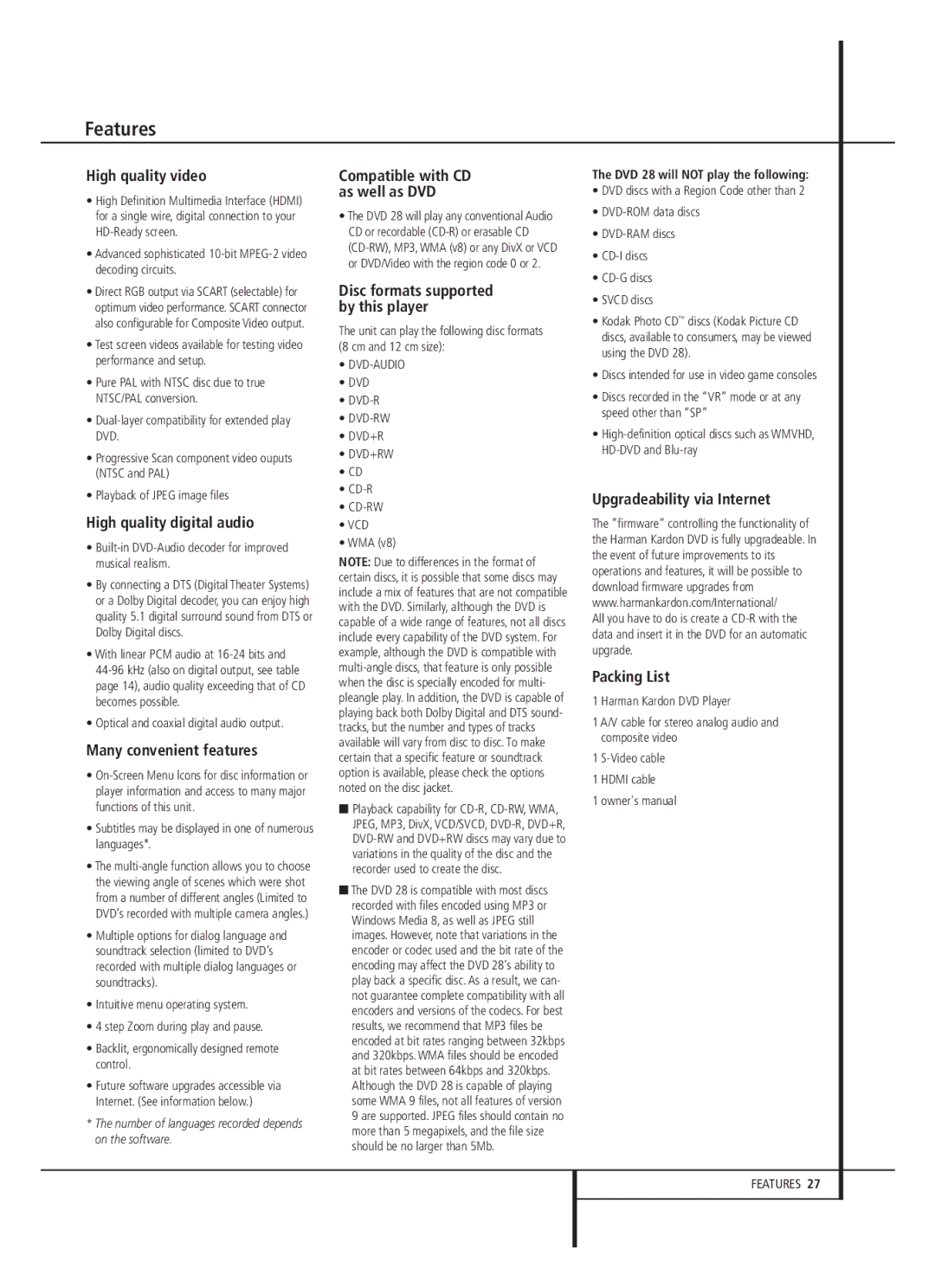 Harman-Kardon 13828 owner manual Features 